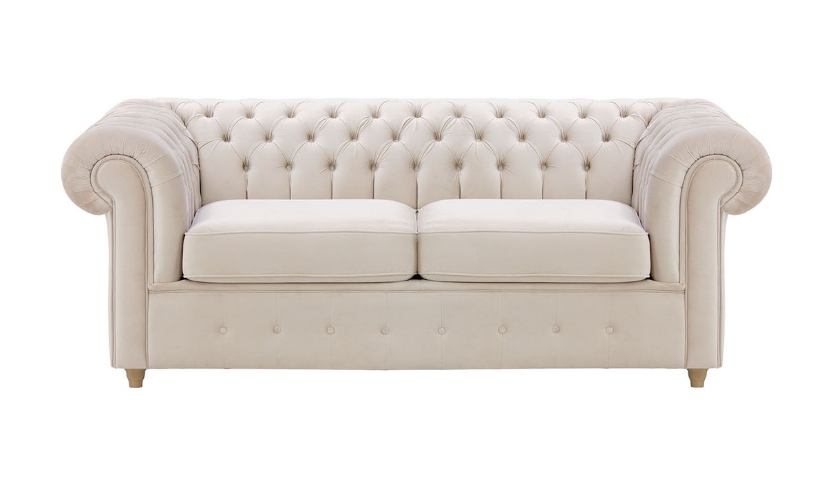 Chesterfield Max – Canapé deux places avec fonction de couchage, beige clair - Velluto 2, Couleur des pieds: Chêne clair