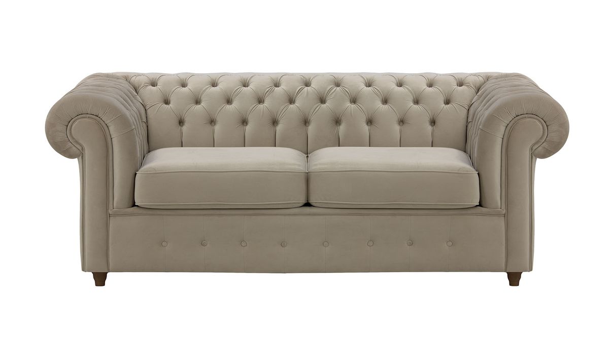 Chesterfield Max – Canapé deux places avec fonction de couchage, beige - Velluto 3, Couleur des pieds: Chêne foncé