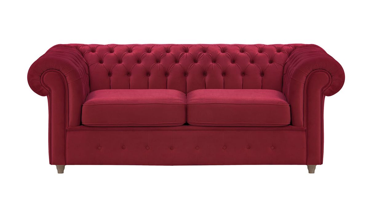 Chesterfield Max – Canapé deux places avec fonction de couchage, rouge - Velluto 7, Couleur des pieds: Noir wax