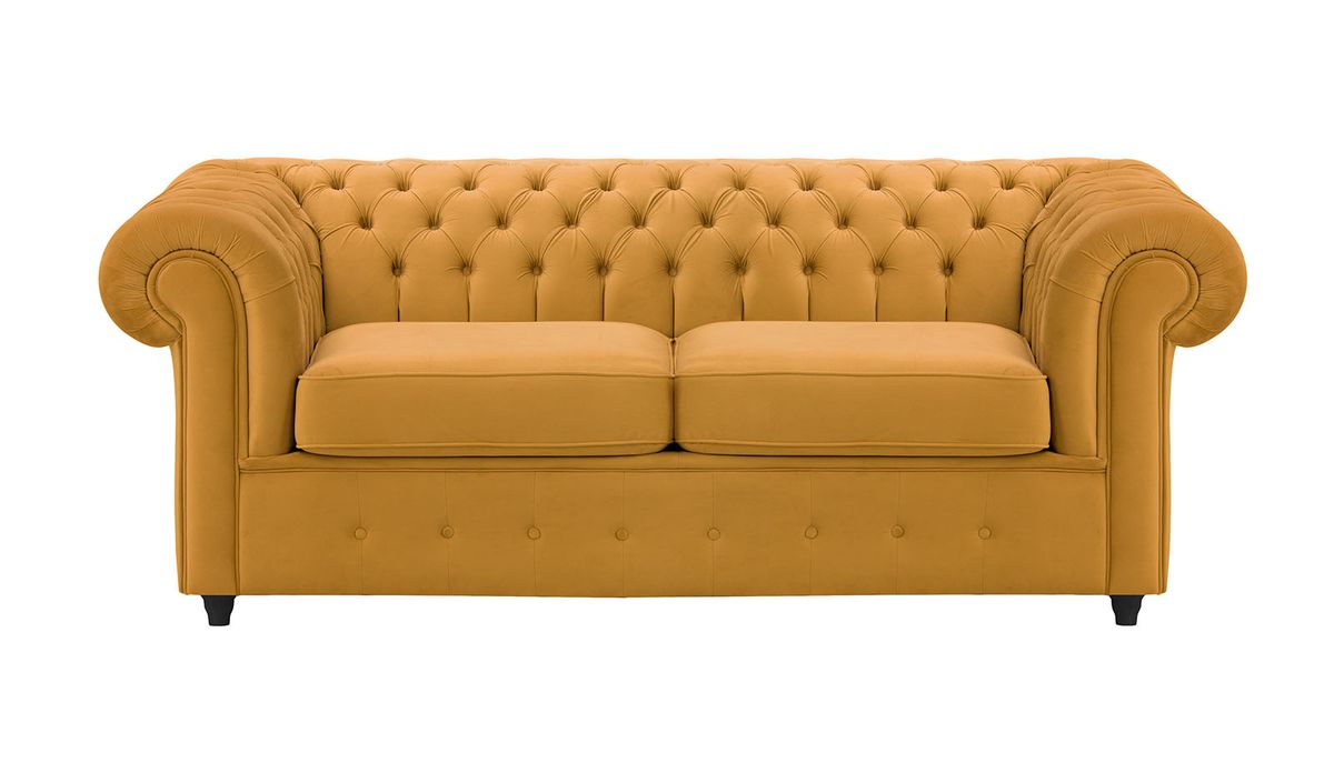 Chesterfield Max – Canapé deux places avec fonction de couchage, moutarde - Velluto 8, Couleur des pieds: Noir
