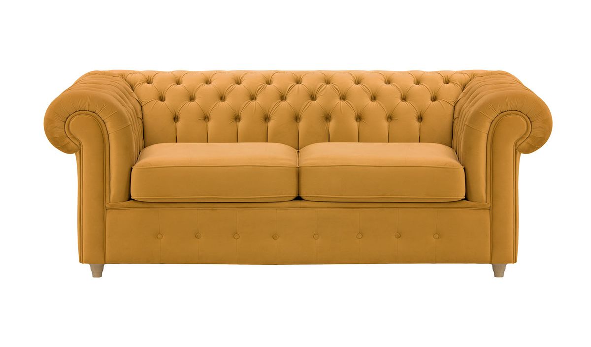 Chesterfield Max – Canapé deux places avec fonction de couchage, moutarde - Velluto 8, Couleur des pieds: Chêne clair