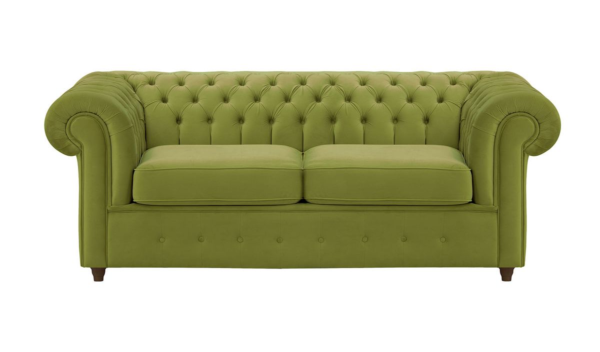 Chesterfield Max – Canapé deux places avec fonction de couchage, olive - Velluto 9, Couleur des pieds: Chêne foncé