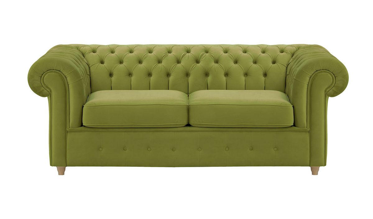 Chesterfield Max – Canapé deux places avec fonction de couchage, olive - Velluto 9, Couleur des pieds: Chêne clair