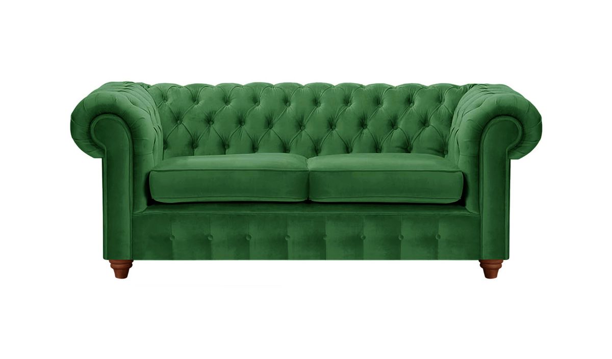 Canapé deux places Chesterfield Max, vert foncé - Velluto 10, Couleur des pieds: Chêne foncé