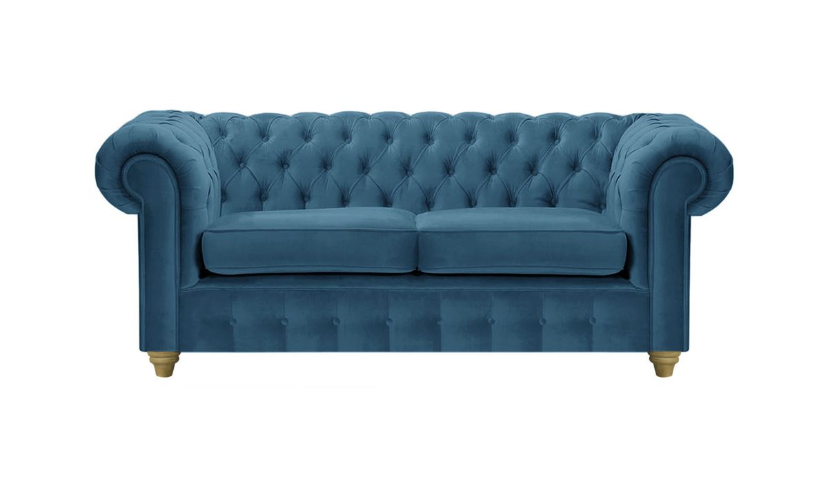 Canapé deux places Chesterfield Max, bleu - Velluto 11, Couleur des pieds: Noir wax