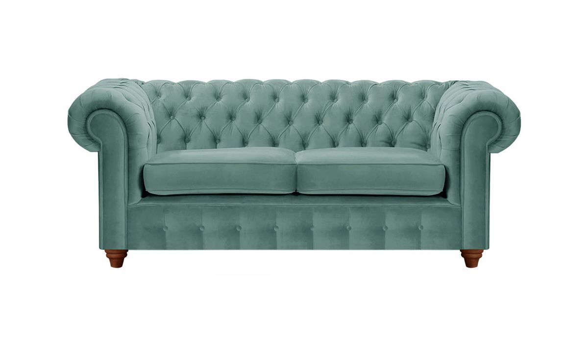 Canapé deux places Chesterfield Max, bleu - Velluto 12, Couleur des pieds: Chêne foncé