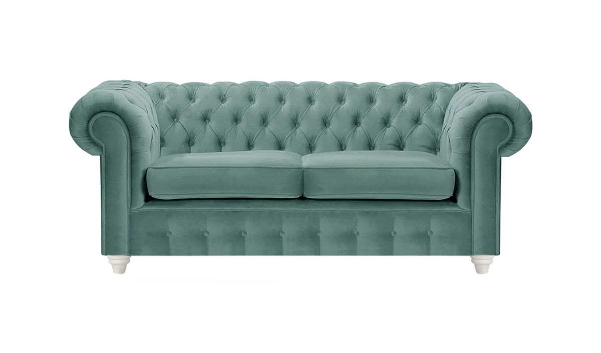 Canapé deux places Chesterfield Max, bleu - Velluto 12, Couleur des pieds: Blanc