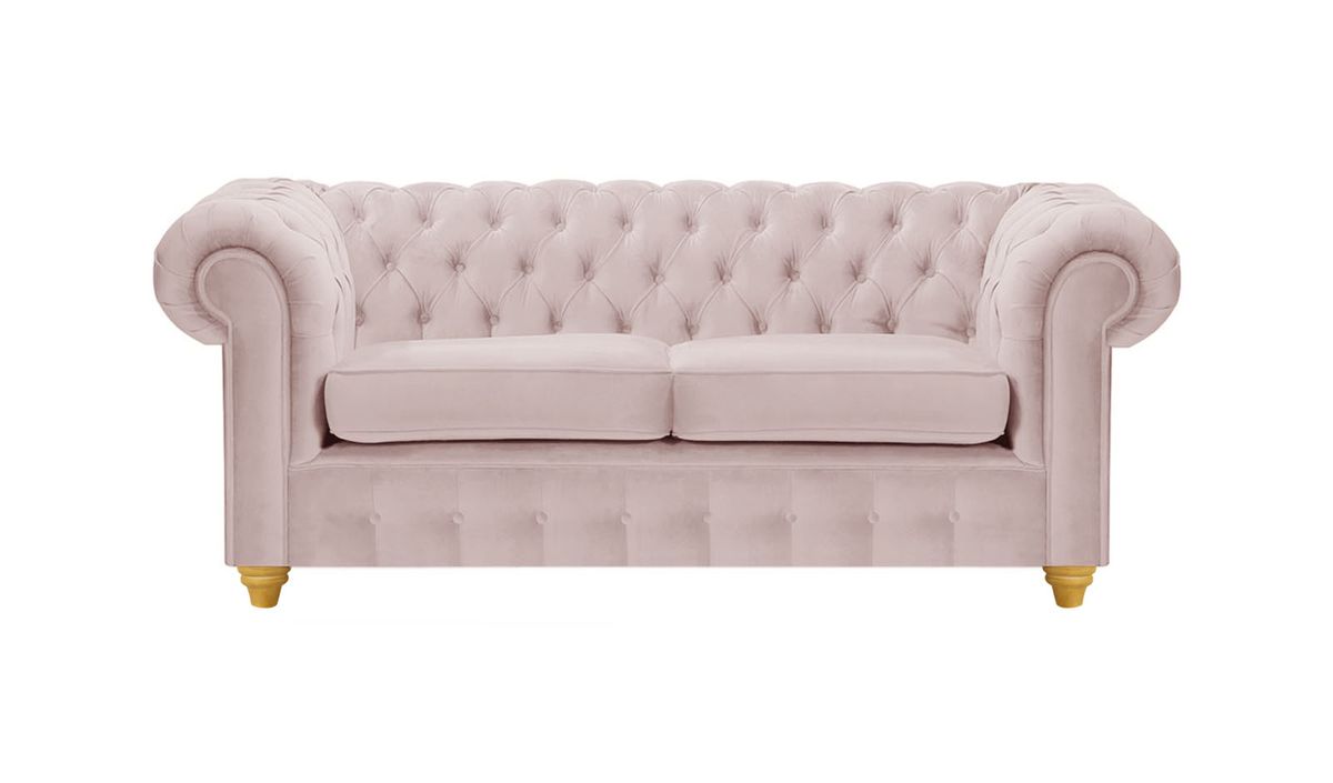 Canapé deux places Chesterfield Max, lila/rose - Velluto 14, Couleur des pieds: Chêne clair
