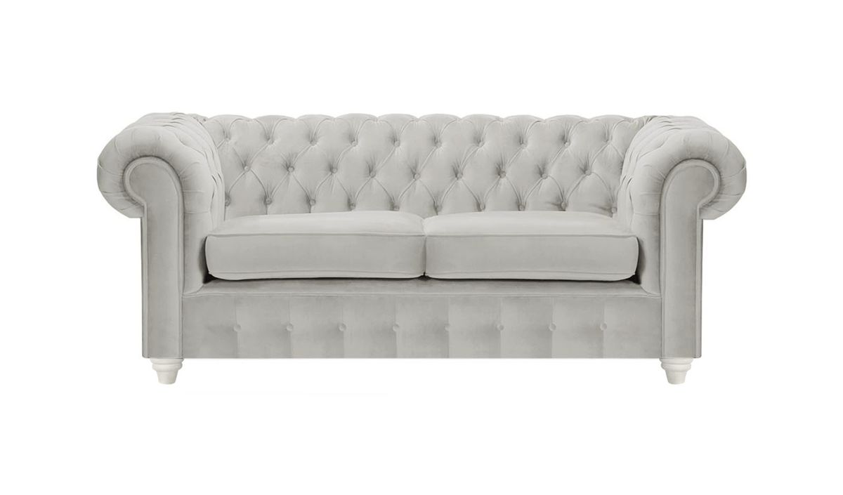 Canapé deux places Chesterfield Max, gris clair - Velluto 15, Couleur des pieds: Blanc