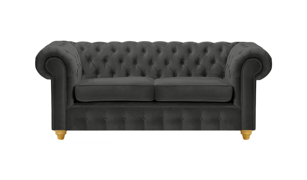 Canapé deux places Chesterfield Max, noir - Velluto 20, Couleur des pieds: Chêne clair