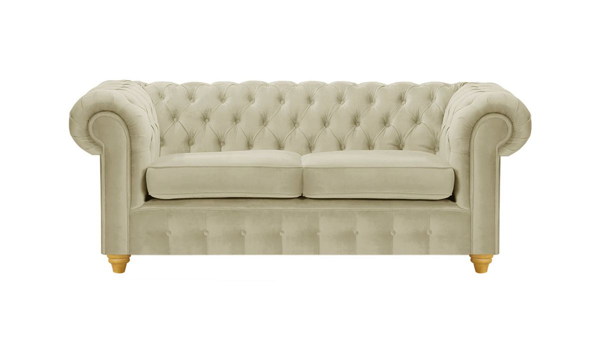 Canapé deux places Chesterfield Max, beige - Velluto 3, Couleur des pieds: Chêne clair