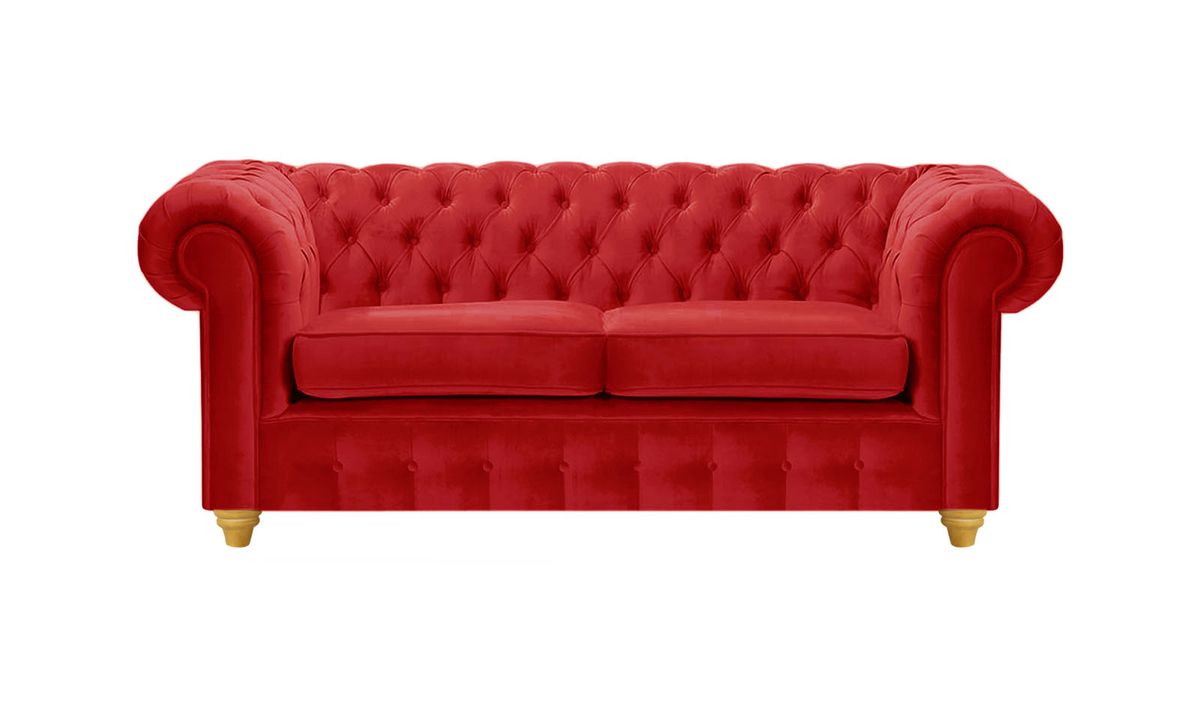 Canapé deux places Chesterfield Max, rouge - Velluto 7, Couleur des pieds: Chêne clair