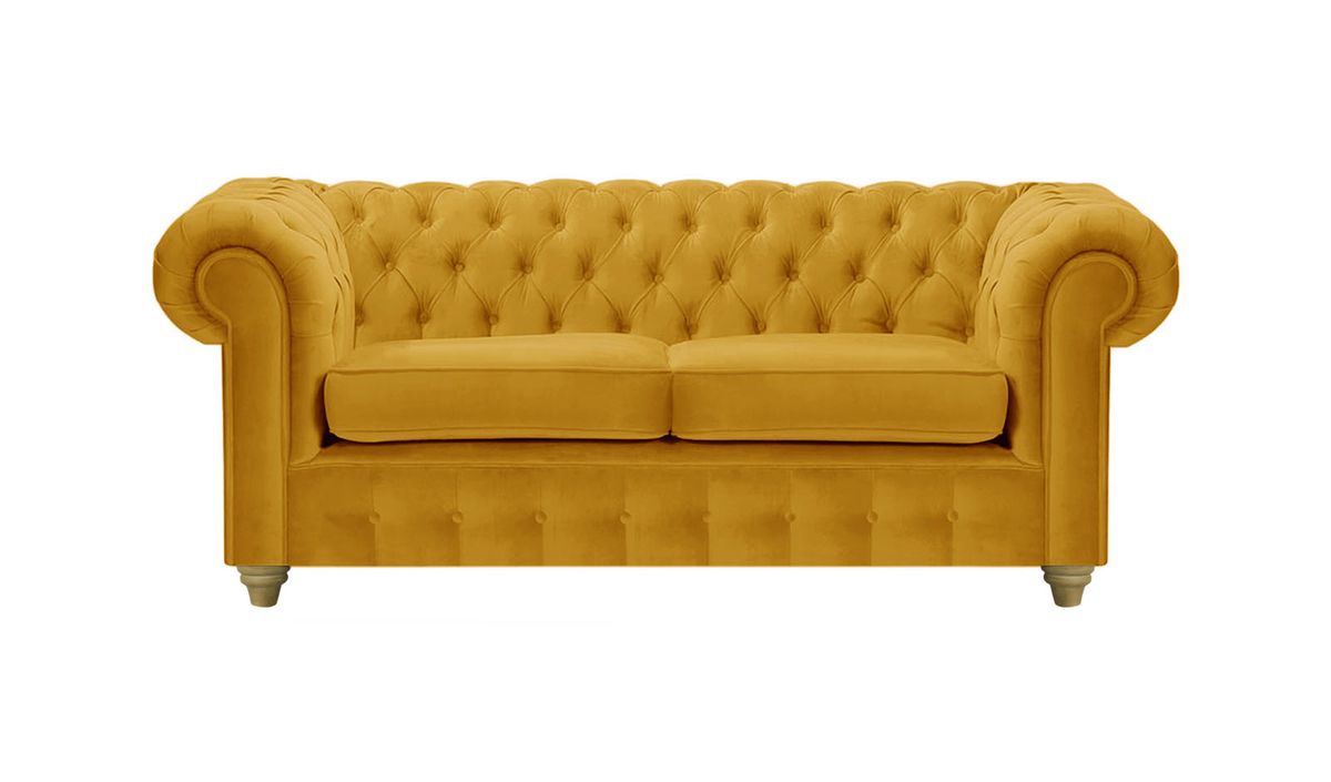 Canapé deux places Chesterfield Max, moutarde - Velluto 8, Couleur des pieds: Noir wax