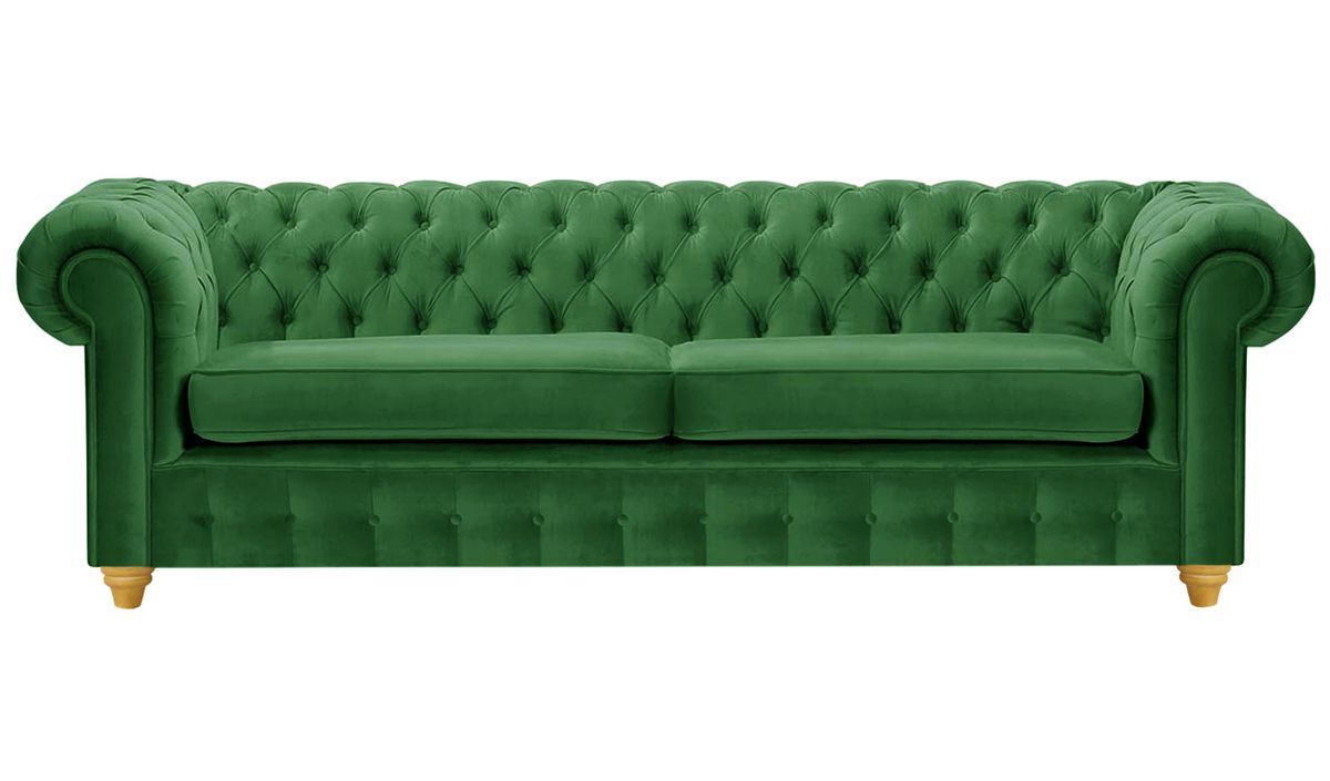 Canapé trois places Chesterfield Max, vert foncé - Velluto 10, Couleur des pieds: Chêne clair