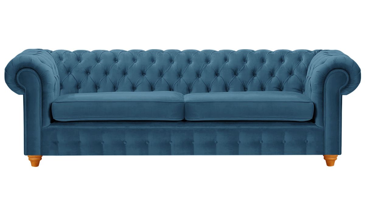 Canapé trois places Chesterfield Max, bleu - Velluto 11, Couleur des pieds: aveo