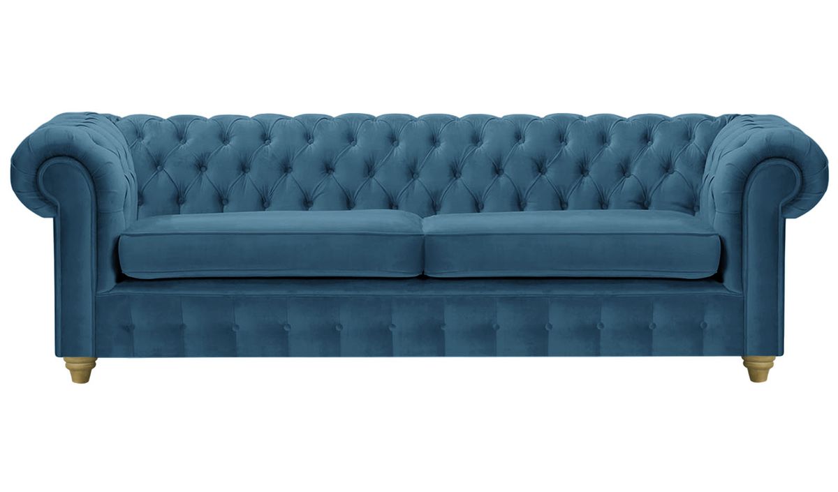 Canapé trois places Chesterfield Max, bleu - Velluto 11, Couleur des pieds: Noir wax