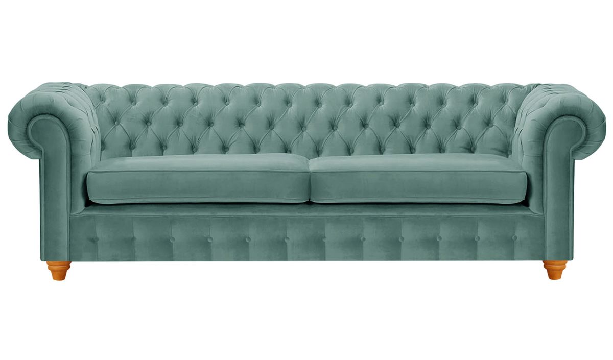 Canapé trois places Chesterfield Max, bleu - Velluto 12, Couleur des pieds: aveo