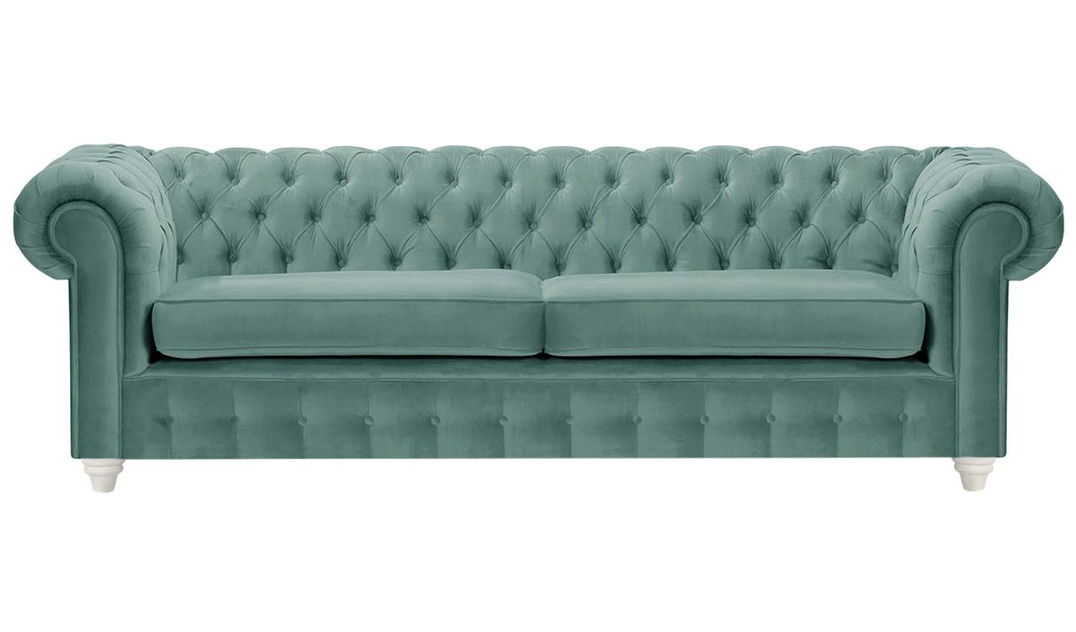 Canapé trois places Chesterfield Max, bleu - Velluto 12, Couleur des pieds: Blanc
