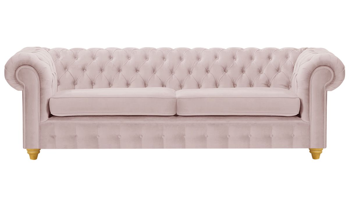 Canapé trois places Chesterfield Max, lila/rose - Velluto 14, Couleur des pieds: Chêne clair