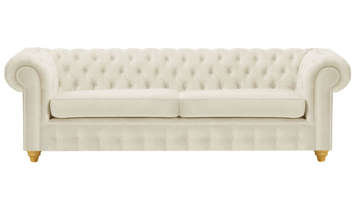 Canapé trois places Chesterfield Max, beige clair - Velluto 2, Couleur des pieds: Chêne clair