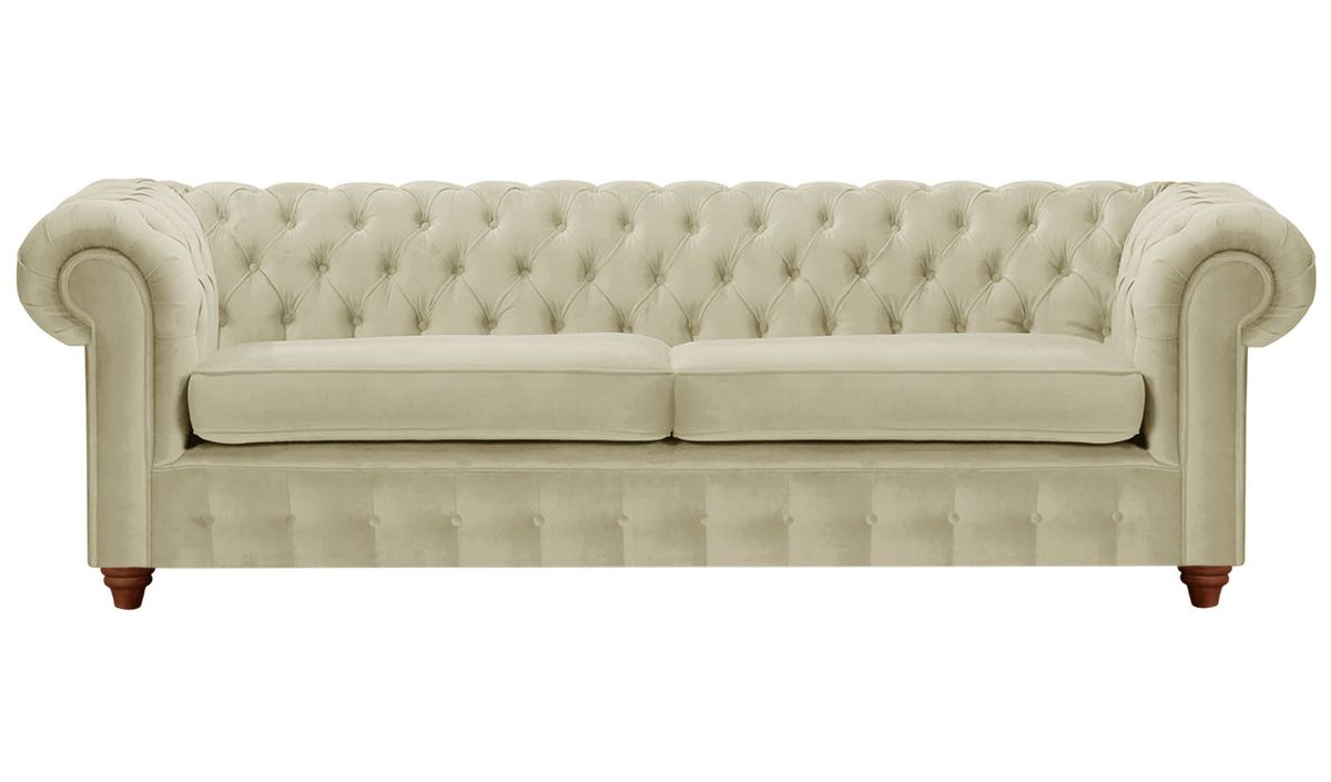 Canapé trois places Chesterfield Max, beige - Velluto 3, Couleur des pieds: Chêne foncé