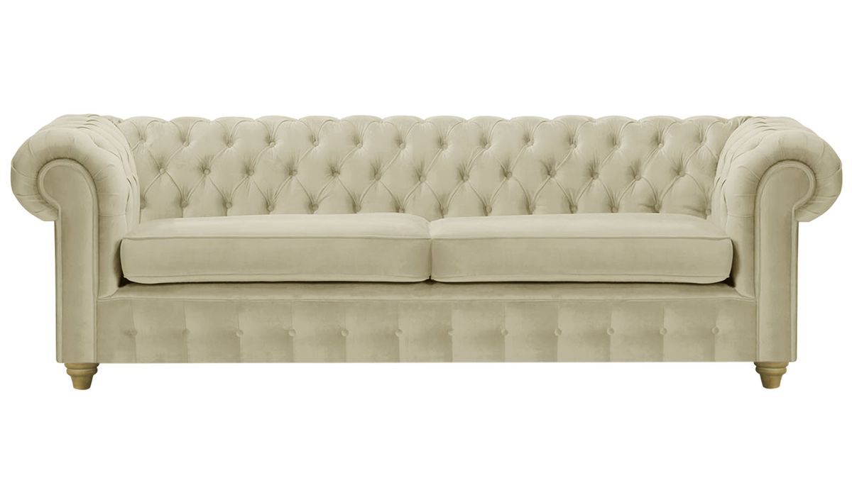 Canapé trois places Chesterfield Max, beige - Velluto 3, Couleur des pieds: Noir wax