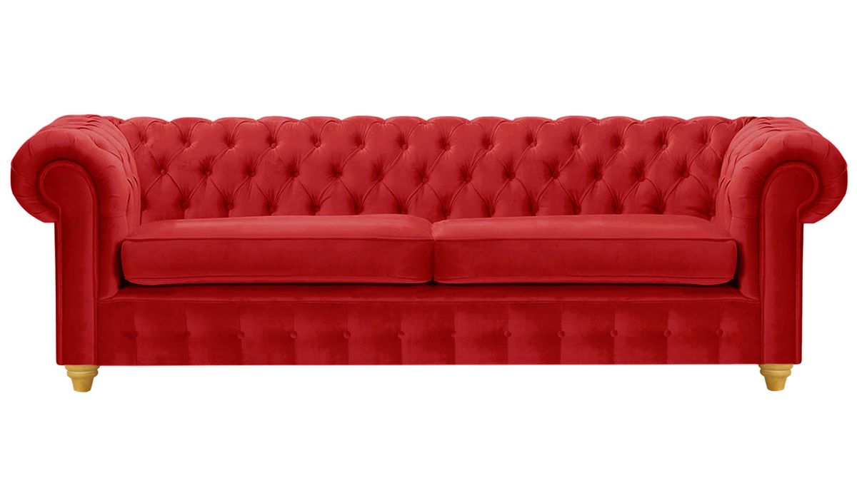 Canapé trois places Chesterfield Max, rouge - Velluto 7, Couleur des pieds: Chêne clair