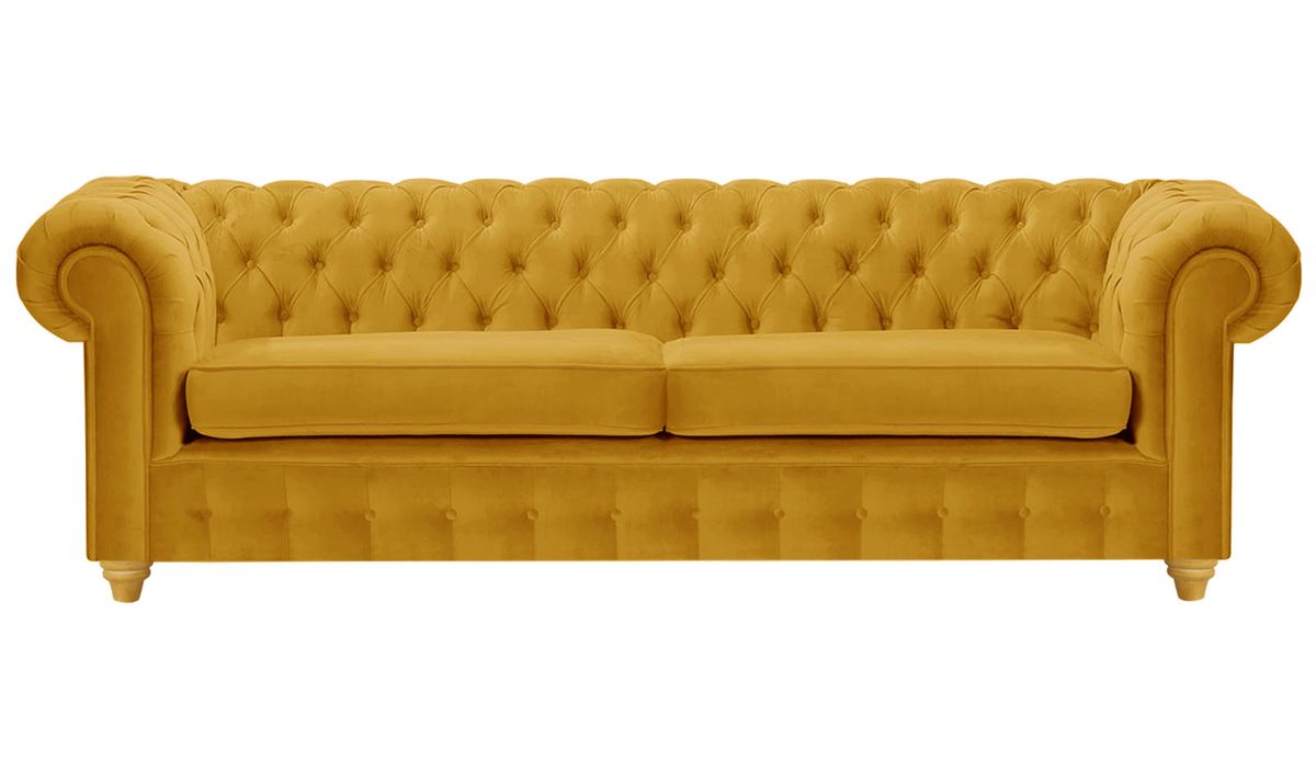 Canapé trois places Chesterfield Max, moutarde - Velluto 8, Couleur des pieds: Chêne clair