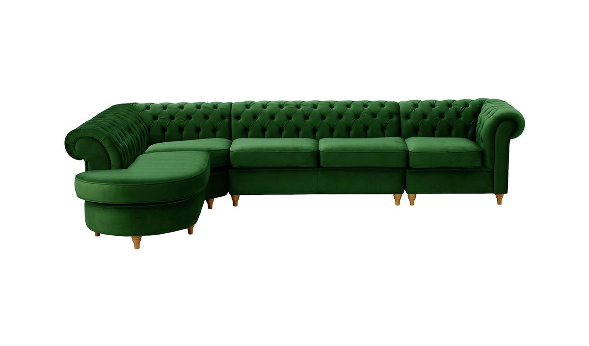 Chesterfield - Canapé d’angle gauche modulaire., vert foncé - Velluto 10, Couleur des pieds: Chêne clair