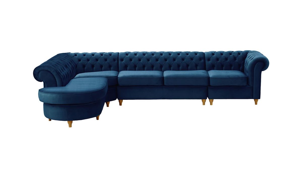 Chesterfield - Canapé d’angle gauche modulaire., bleu - Velluto 11, Couleur des pieds: Chêne clair