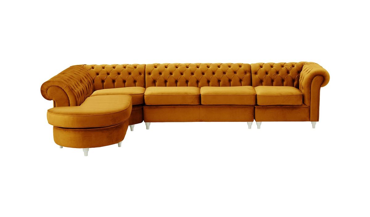 Chesterfield - Canapé d’angle gauche modulaire., moutarde - Velluto 8, Couleur des pieds: Blanc