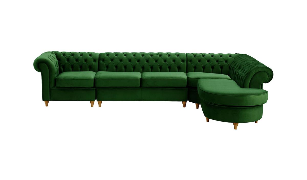 Chesterfield - Canapé d’angle droit modulaire., vert foncé - Velluto 10, Couleur des pieds: Chêne clair