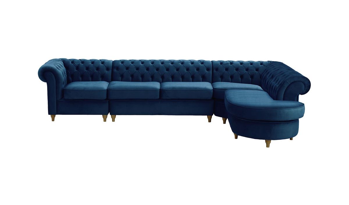 Chesterfield - Canapé d’angle droit modulaire., bleu - Velluto 11, Couleur des pieds: Noir wax