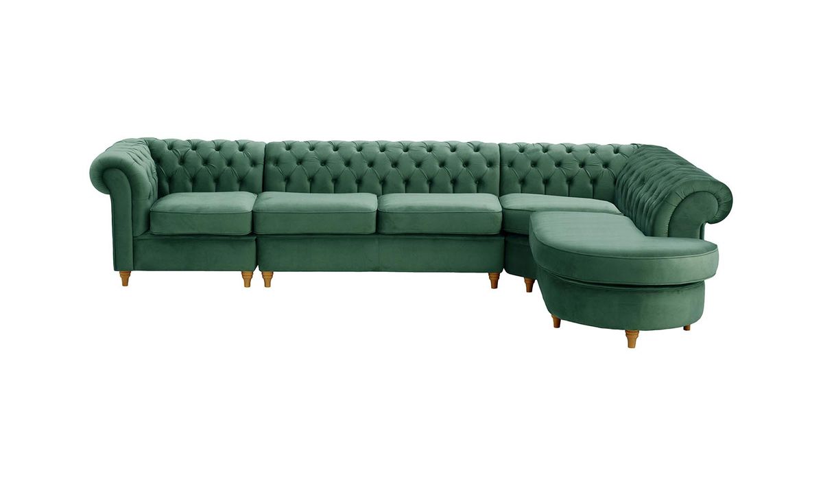 Chesterfield - Canapé d’angle droit modulaire., bleu - Velluto 12, Couleur des pieds: Chêne clair