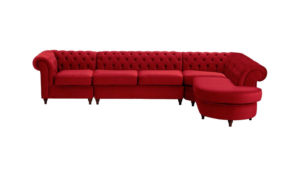 Chesterfield - Canapé d’angle droit modulaire., rouge - Velluto 7, Couleur des pieds: Chêne foncé