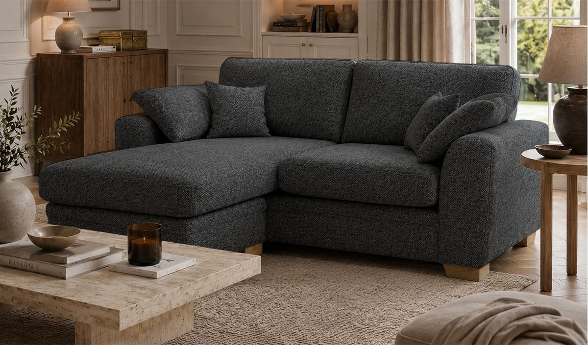 Ronay – canapé d’angle universel, Mid Boucle Charcoal - gris foncé, Couleur des pieds: Chêne clair