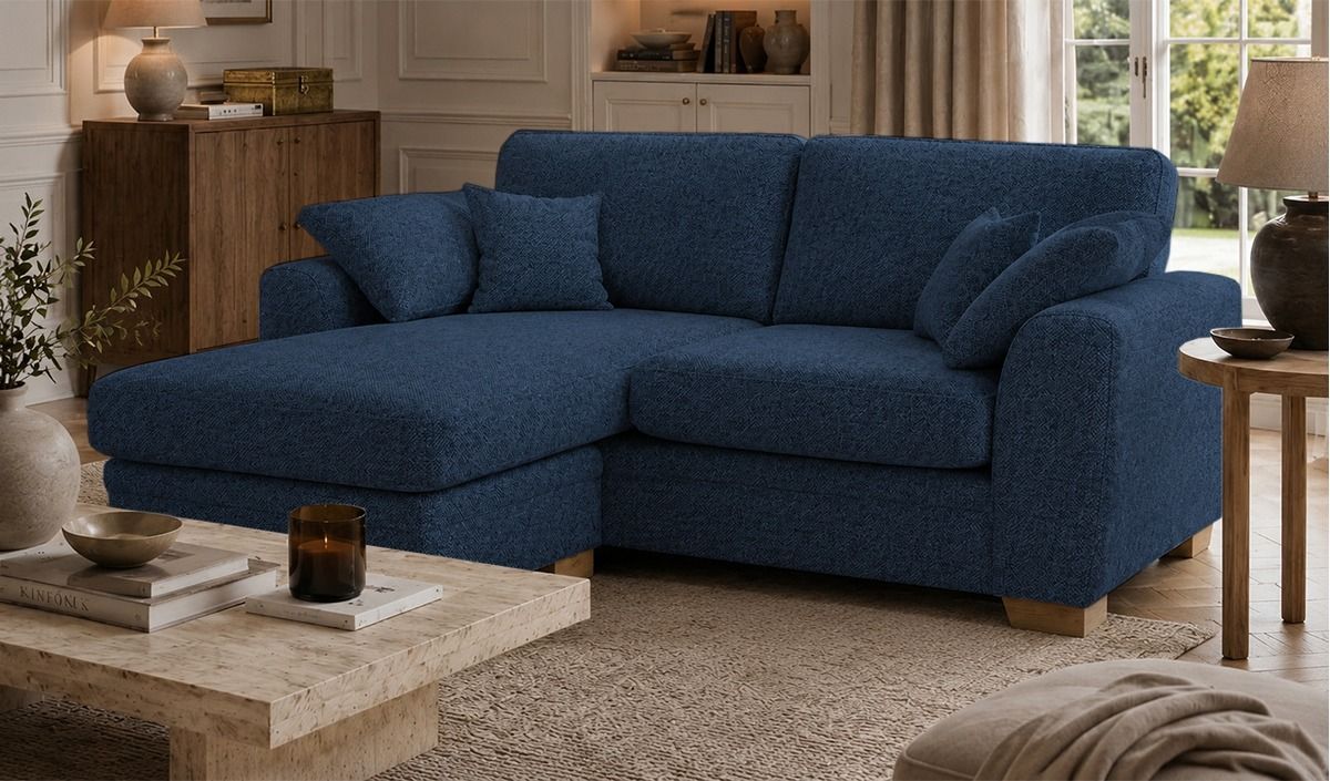 Ronay – canapé d’angle universel, Mid Boucle Dark Navy - bleu marine, Couleur des pieds: Chêne clair