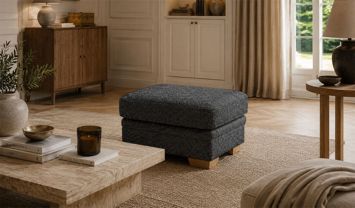 Pouf Ronay, Mid Boucle Charcoal - gris foncé, Couleur des pieds: Chêne clair
