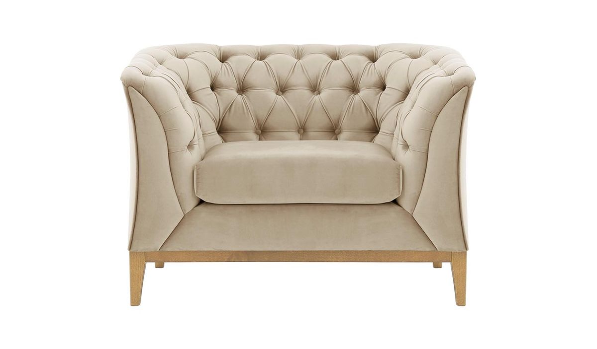 Fauteuil Chesterfield Modern Wood, beige clair - Velluto 2, Couleur des pieds: Chêne clair