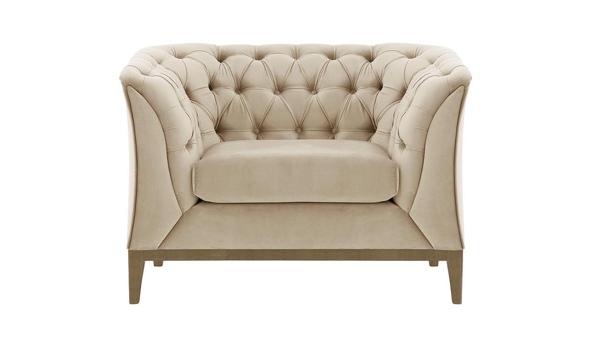 Fauteuil Chesterfield Modern Wood, beige clair - Velluto 2, Couleur des pieds: Noir wax
