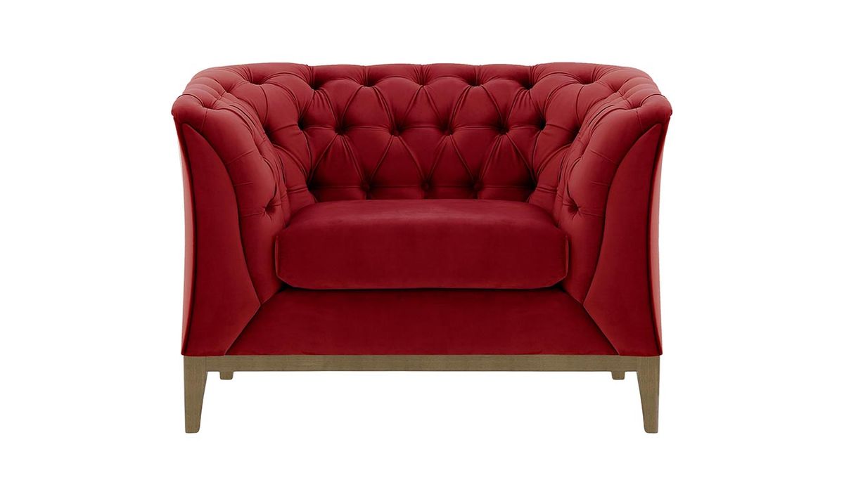 Fauteuil Chesterfield Modern Wood, rouge - Velluto 7, Couleur des pieds: Noir wax