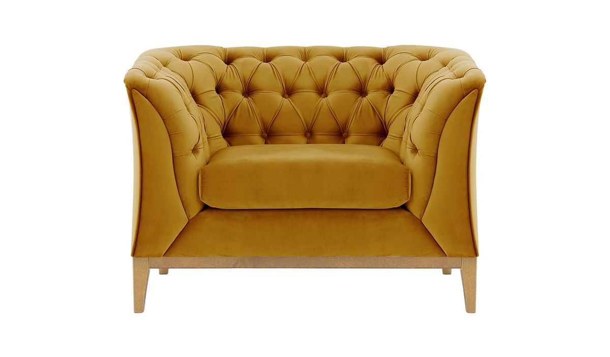 Fauteuil Chesterfield Modern Wood, moutarde - Velluto 8, Couleur des pieds: Chêne clair