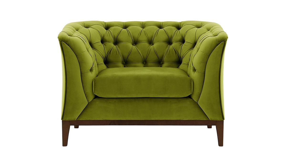 Fauteuil Chesterfield Modern Wood, olive - Velluto 9, Couleur des pieds: Chêne foncé