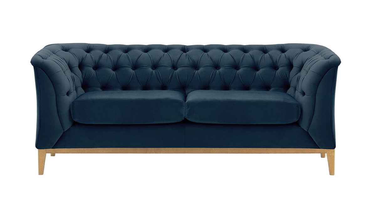 Canapé deux places Chesterfield Modern Wood, bleu - Velluto 11, Couleur des pieds: Chêne clair
