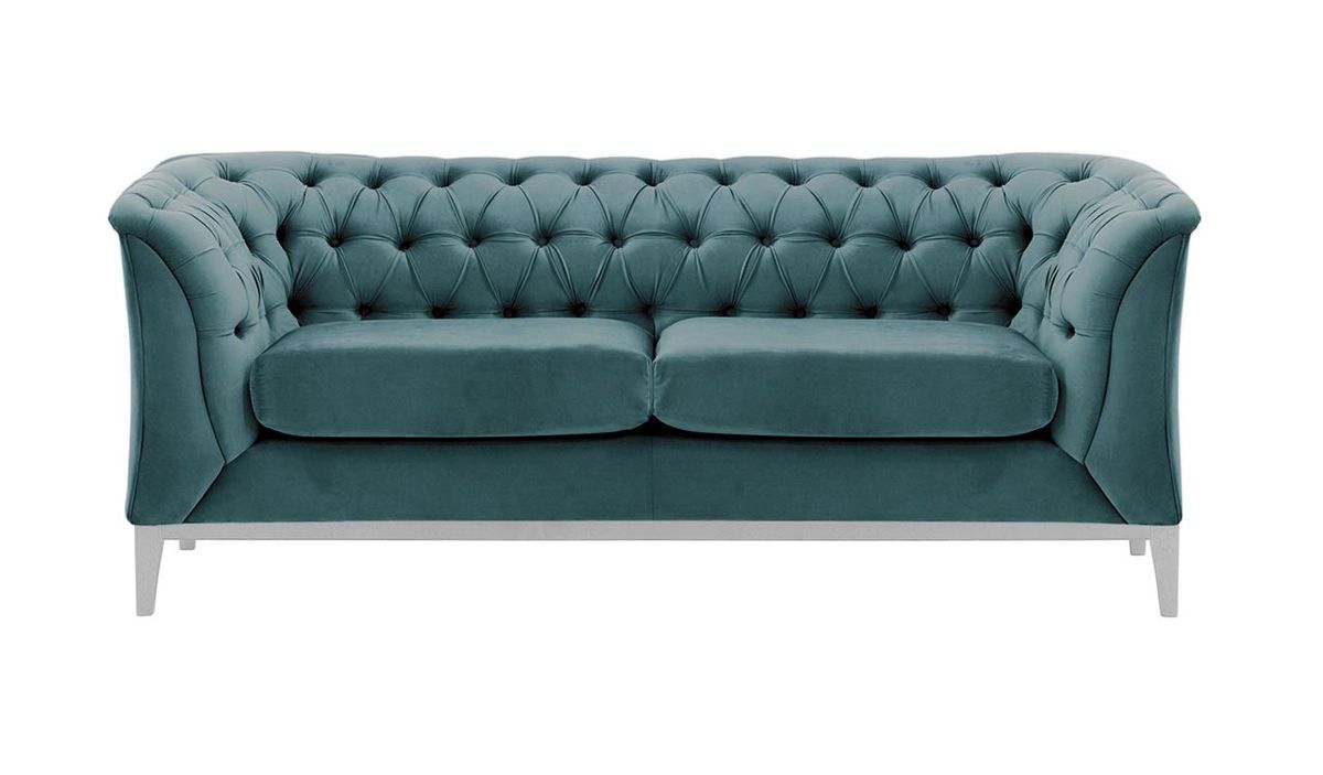 Canapé deux places Chesterfield Modern Wood, bleu - Velluto 12, Couleur des pieds: Blanc
