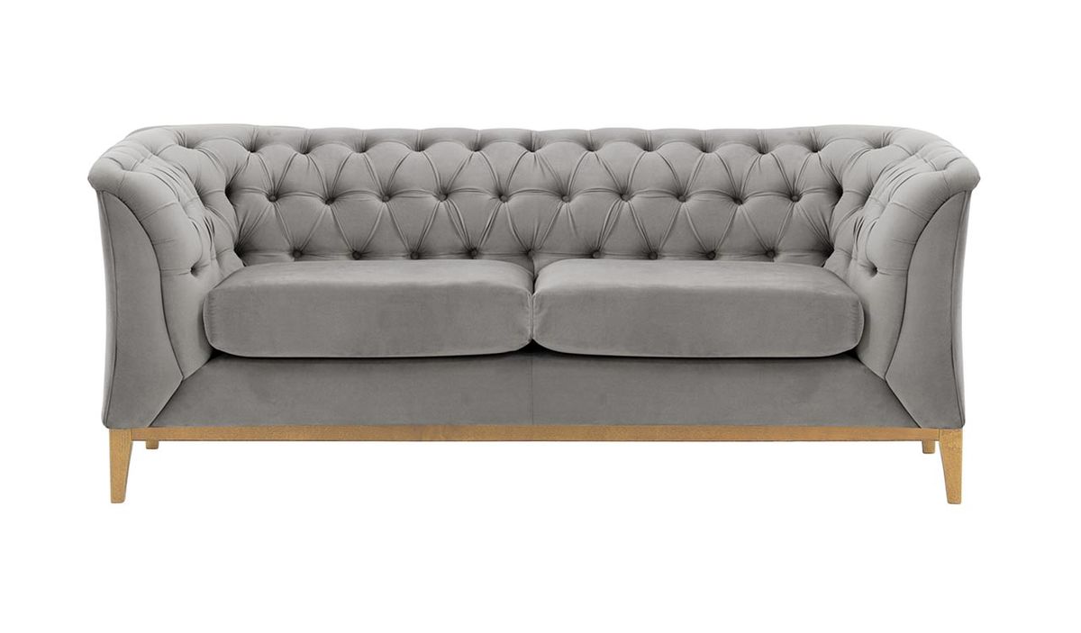 Canapé deux places Chesterfield Modern Wood, gris clair - Velluto 15, Couleur des pieds: Chêne clair