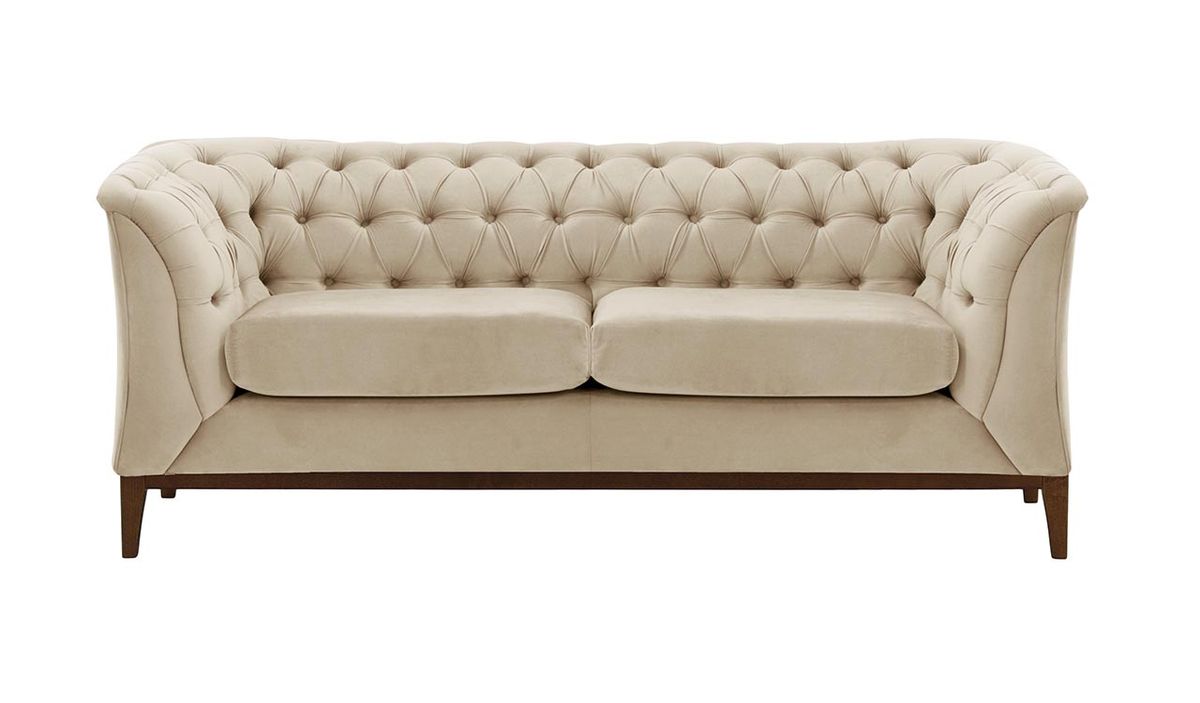 Canapé deux places Chesterfield Modern Wood, beige clair - Velluto 2, Couleur des pieds: Chêne foncé
