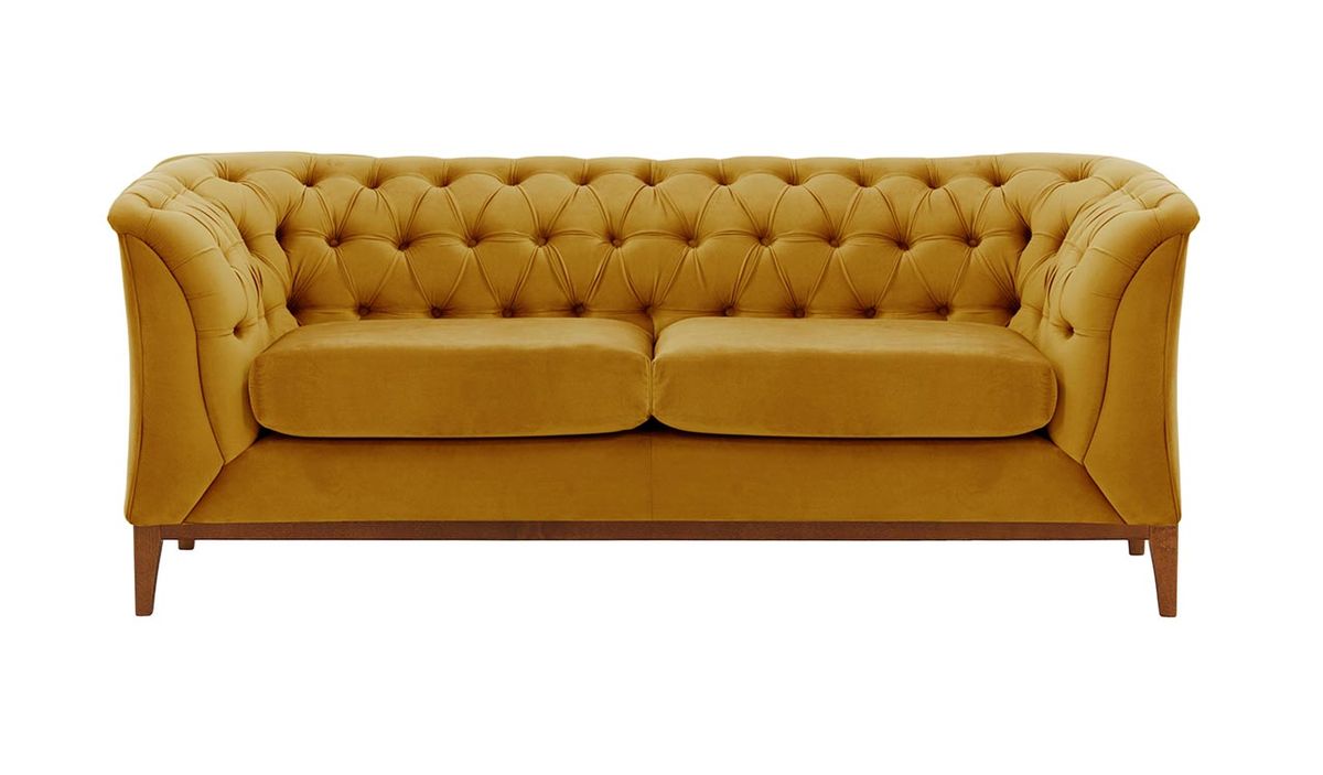 Canapé deux places Chesterfield Modern Wood, moutarde - Velluto 8, Couleur des pieds: aveo