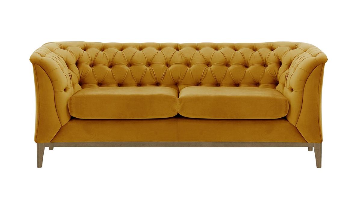 Canapé deux places Chesterfield Modern Wood, moutarde - Velluto 8, Couleur des pieds: Noir wax