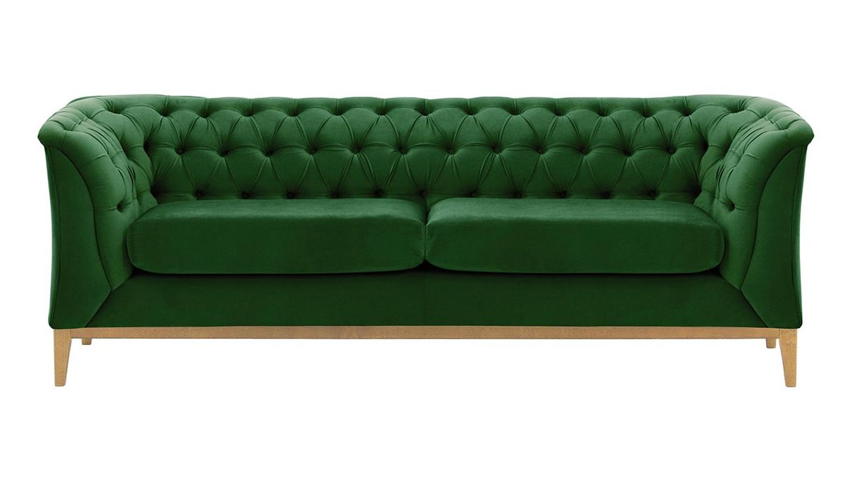 Canapé 2,5 places Chesterfield Modern Wood, vert foncé - Velluto 10, Couleur des pieds: Chêne clair